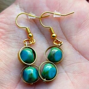 Brass Circular Frame Earrings with Blue 3-sided Beads